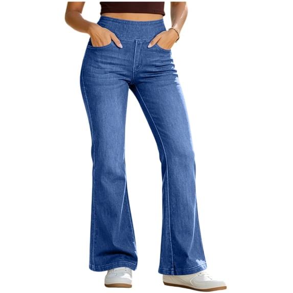 TRUNZI Wide Leg Jeans for Women Casual Stretchy High Waist Casual Pull On Flare Denim Pants with Pockets,Blue,Size S
