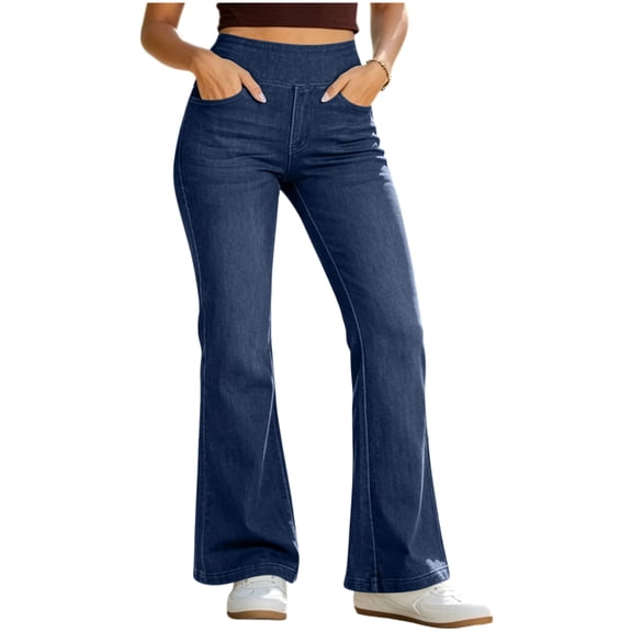 TRUNZI Wide Leg Jeans for Women Casual Stretchy High Waist Casual Pull On Flare Denim Pants with Pockets,Dark Blue,Size XL