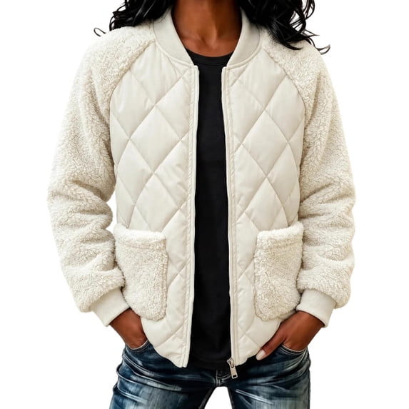 TRUNZI Women's Fleece Quilted Bomber Jackets Long Sleeve Zip Up Jackets for Fall Winter with Pockets