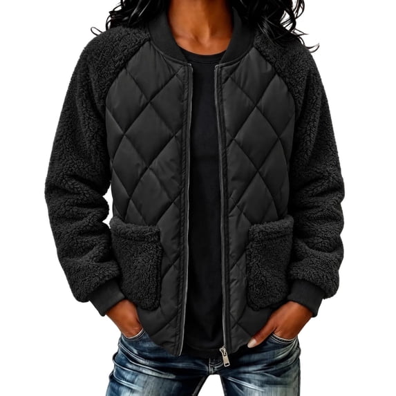 TRUNZI Women's Fleece Quilted Bomber Jackets Long Sleeve Zip Up Jackets for Fall Winter with Pockets