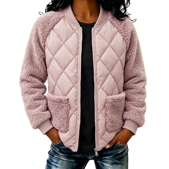 TRUNZI Women's Fleece Quilted Bomber Jackets Long Sleeve Zip Up Jackets for Fall Winter with Pockets