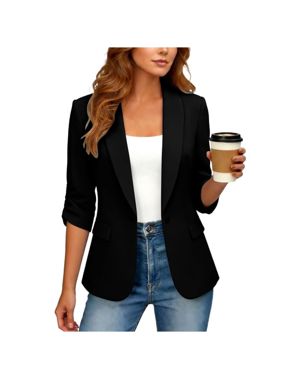 Womens Blazers Formal Office 3/4 Sleeve Open Front Long Shawl Collar Casual Lightweight Summer Jackets,Black,Size L