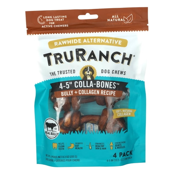 TRURANCH 4-5" Collagen Bones, Bully - Collagen Dog Bones - Long Lasting Healthy Joint Support Dog Treat - Rawhide Alternative - Skin & Coat Health, 1 Bag, 4 Count