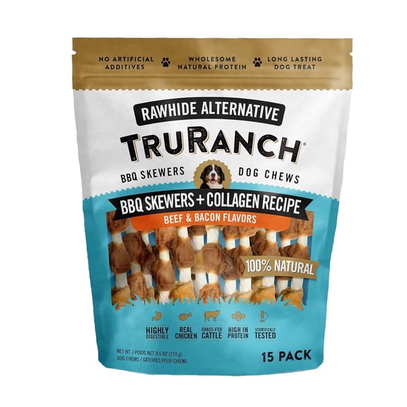 TRURANCH 5" BBQ Collagen Skewers - Collagen Dog Chews - Long Lasting Healthy Joint Support Dog Treat - Rawhide Alternative - Skin & Coat Health, 1 Bag, 15 Count