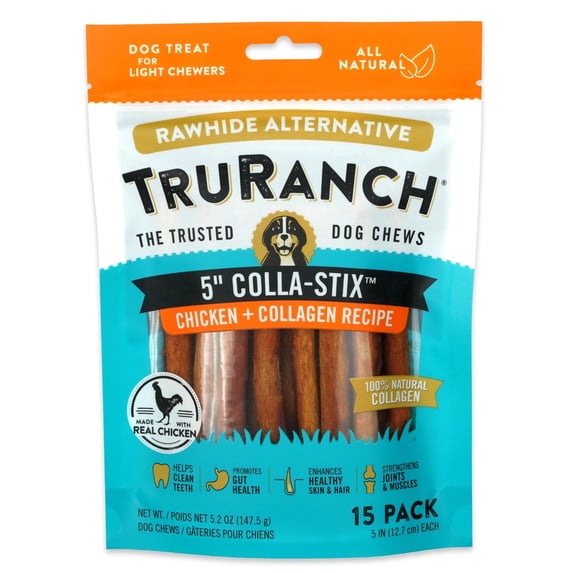 TRURANCH Collagen Sticks - 5" Collagen Sticks for Dogs - Long Lasting Healthy Joint Support Dog Treat - Rawhide Alternative - Skin & Coat Health - Made with Real Chicken, 1 Bag, 15 Count