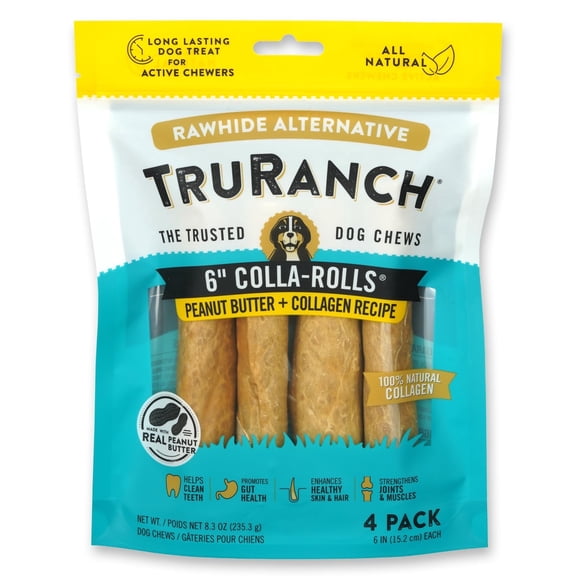 TRURANCH Collagen Rolls - 6" Collagen Rolls for Dogs - Long Lasting Healthy Joint Support Dog Treat - Rawhide Alternative - Skin & Coat Health - Made with Real Peanut Butter, 1 Bag, 4 Count
