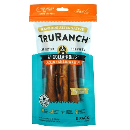 TRURANCH Collagen Rolls - 9" Collagen Rolls for Dogs - Long Lasting Healthy Joint Support Dog Treat - Rawhide Alternative - Skin & Coat Health - Made with Real Chicken, 1 Bag, 3 Count