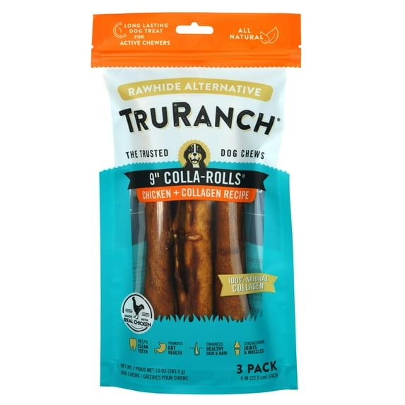 TRURANCH Collagen Rolls - 9" Collagen Rolls for Dogs - Long Lasting Healthy Joint Support Dog Treat - Rawhide Alternative - Skin & Coat Health - Made with Real Chicken, 1 Bag, 3 Count