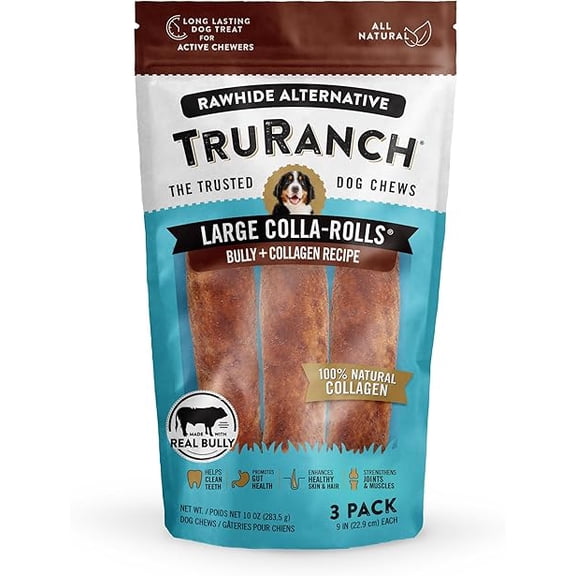 TRURANCH Collagen Rolls - 9" Collagen Rolls for Dogs - Long Lasting Healthy Joint Support Dog Treat - Rawhide Alternative - Skin & Coat Health - Made with Real Bully, 1 Bag, 3 Count