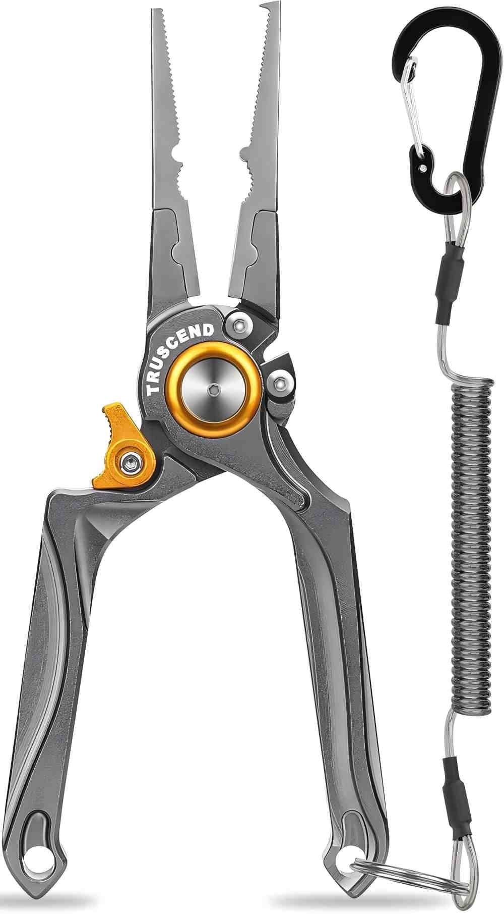 TRUSCEND Fishing Pliers, Lockable Handy Fishing Gear with Innovative Ergonomical Handle, Corrosion Saltwater Resistant Teflon Coated Fishing Tool, Multi-Function Fishing Plier with Mo-V Cutter