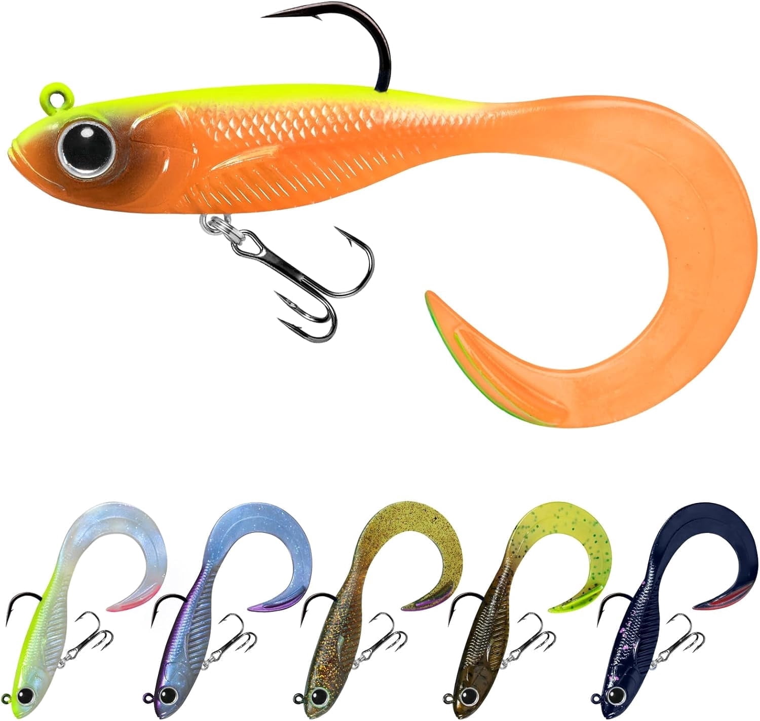 TRUSCEND Duramax Soft Fishing Lures with BKK Hooks, Easy Catch Curly & T-Tail for Trembly Sinking & Vibrating Swim, UV or Glow Effect for All Conditions, Pre-rigged Swimbait for Bass Trout Crappie