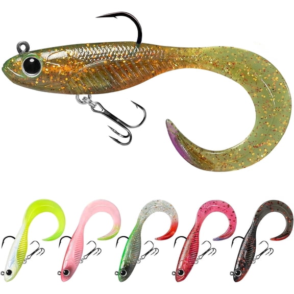 TRUSCEND Duramax Soft Fishing Lures with BKK Hooks, Easy Catch Curly & T-Tail for Trembly Sinking & Vibrating Swim, UV or Glow Effect for All Conditions, Pre-rigged Swimbait for Bass Trout Crappie
