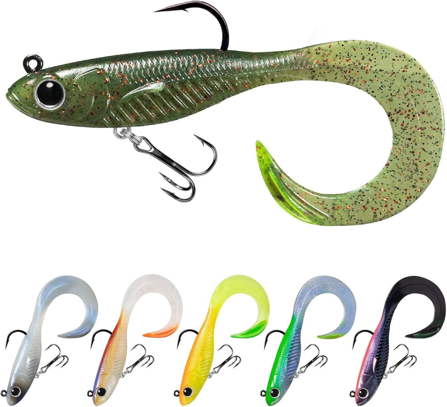 TRUSCEND Duramax Soft Fishing Lures with BKK Hooks, Easy Catch Curly & T-Tail for Trembly Sinking & Vibrating Swim, UV or Glow Effect for All Conditions, Pre-rigged Swimbait for Bass Trout Crappie