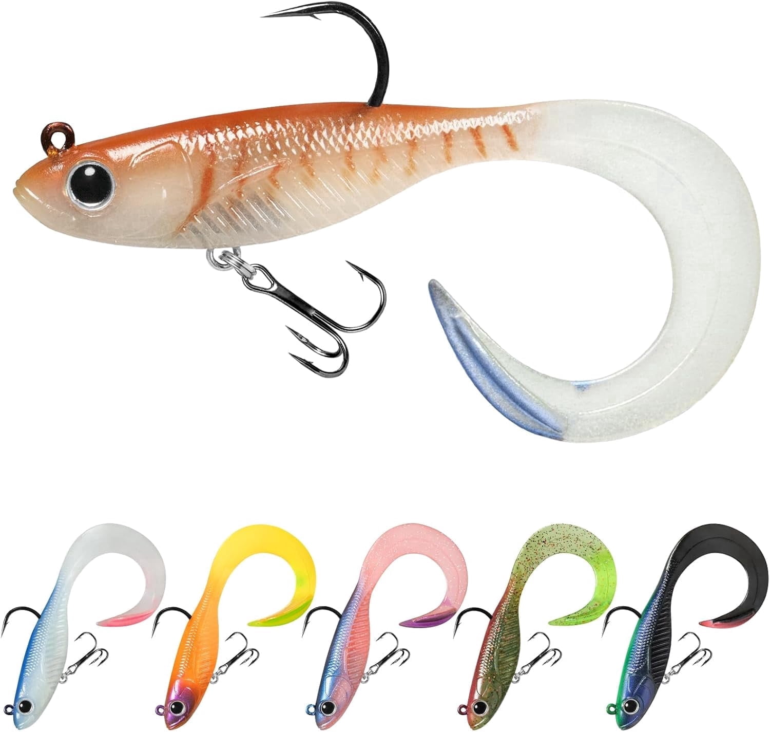 TRUSCEND Duramax Soft Fishing Lures with BKK Hooks, Easy Catch Curly & T-Tail for Trembly Sinking & Vibrating Swim, UV or Glow Effect for All Conditions, Pre-rigged Swimbait for Bass Trout Crappie