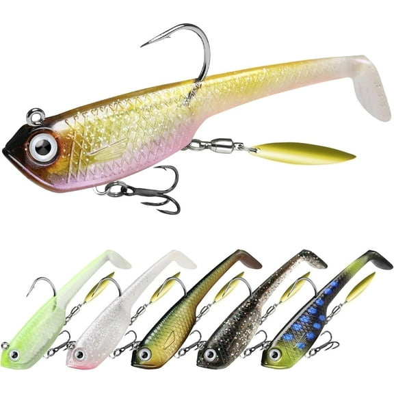 TRUSCEND Pre-Rigged Soft Bass Lures with Spoon, Unique Vibrating Swim Action and Trembly Sinking Move for More Bites, Easy Catch Fishing Lures for Bass Trout Crappie, Amazing Fishing Gifts for Men