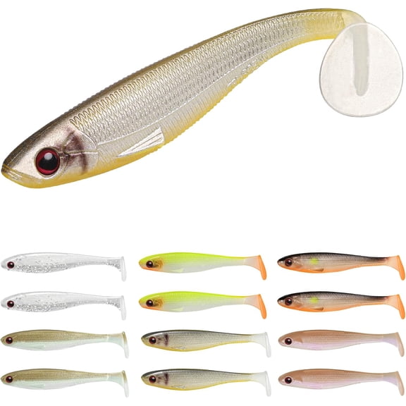 TRUSCEND 12pcs Soft Fishing Lures,Shadtale Easy Catch Baits with Unique Vibration and Action for Various Rigs, Paddle Tail Swimbaits Trailer for Bass, Trout, Crappie, Saltwater & Freshwater Fishing