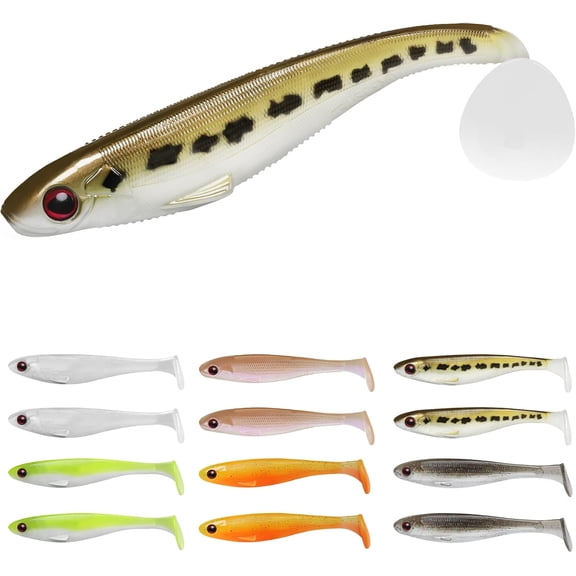 TRUSCEND 12pcs Soft Fishing Lures, Shadtale Easy Catch Baits with Unique Vibration and Action for Various Rigs, Paddle Tail Swimbaits Trailer for Bass, Trout, Crappie, Saltwater & Freshwater Fishing