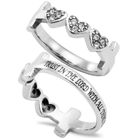 TRUST IN THE LORD Three Heart Ring with Cross, Stainless Steel