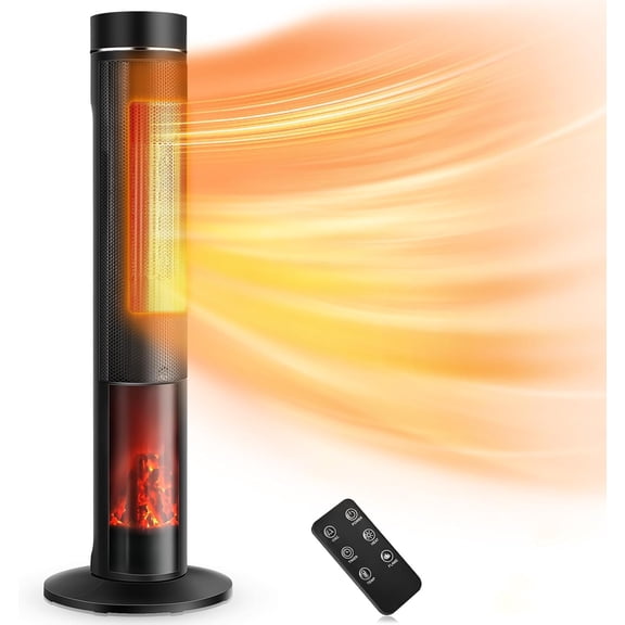 TRUSTECH 36" Tower Space Heater for Large Room, 1500W PTC Electric Tower Heater with Adjustable Thermostat, 4 Modes & 3D Flame, 12H Timer, Oscillating, Remote Control, Ideal for Indoor Use, Bedroom