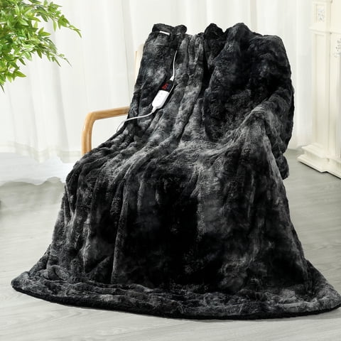TRUSTWARMTH Electric Heated Throw Blanket - Faux Fur Sherpa 50"x60" Fast Heating Bed Blankets Throw with 6 Heating Levels & 4 Hours Auto off, Over-Heat Protection ETL, Black
