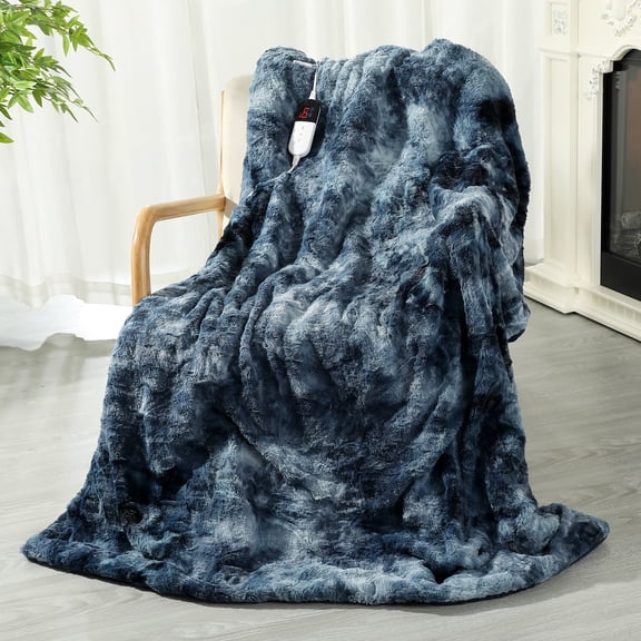 TRUSTWARMTH Electric Heated  Blanket Twin Size - Faux Fur Sherpa 62"x84" Fast Heating Bed Blankets Throw with 6 Heating Levels & 10 Hours Auto off, Over-Heat Protection ETL, Navy Blue