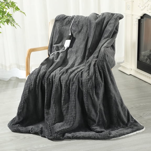 TRUSTWARMTH Heated Blanket Electric Blanket Throw Waffle, 50" x 60" with Sherpa Fleece Fast Heating Blanket 6 Heating Levels & 4 Hours Auto off ETL Certification, Dark Gary