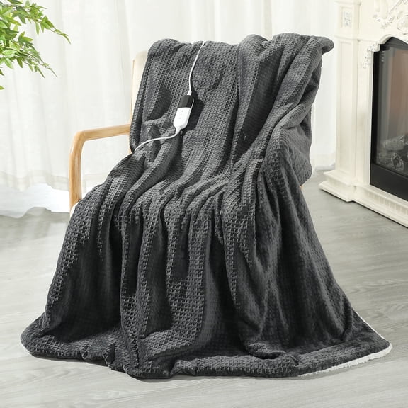 TRUSTWARMTH Electric Heated Blanket Throw - 50" x 60" Fast Heating Blanket with 6 Heating Levels & 4 Hours Auto off, Soft Sherpa & Waffle Pattern,Dark Gray
