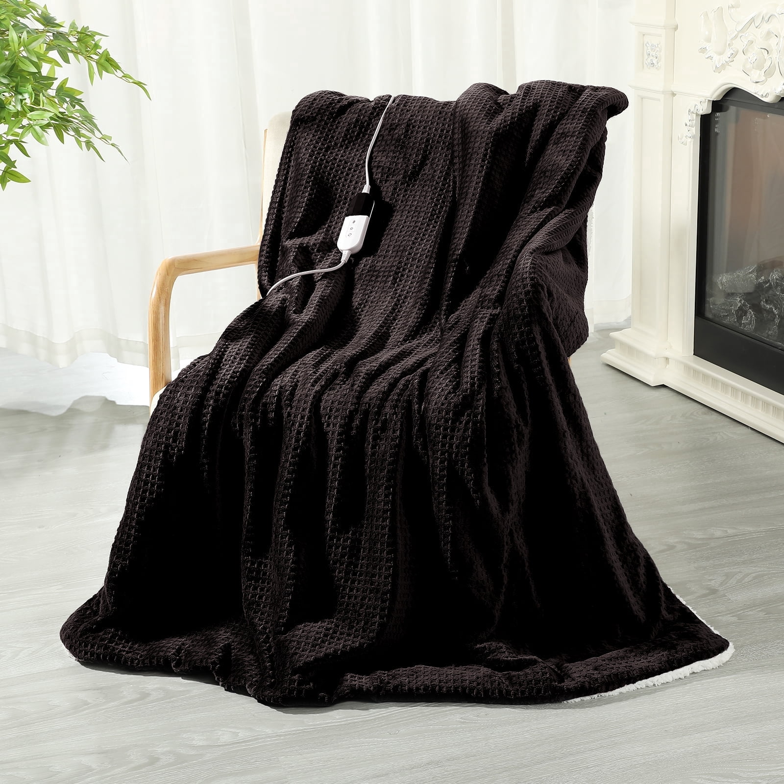 TRUSTWARMTH Electric Heated Blanket Twin Size - 62" x 84" Heating Bed Blankets with 6 Heating Levels & 10 Hours Auto Off, Ultra Sherpa & Waffle Pattern, Brown