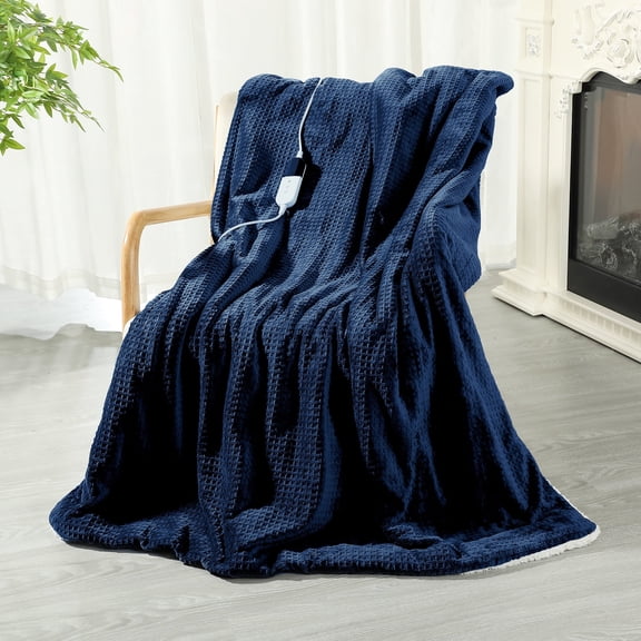 TRUSTWARMTH Heated Blanket Electric Blanket Twin Waffle, 62" x 84" with Sherpa Fleece Fast Heating Blanket 6 Heating Levels & 10 Hours Auto off ETL Certification, Navy Blue