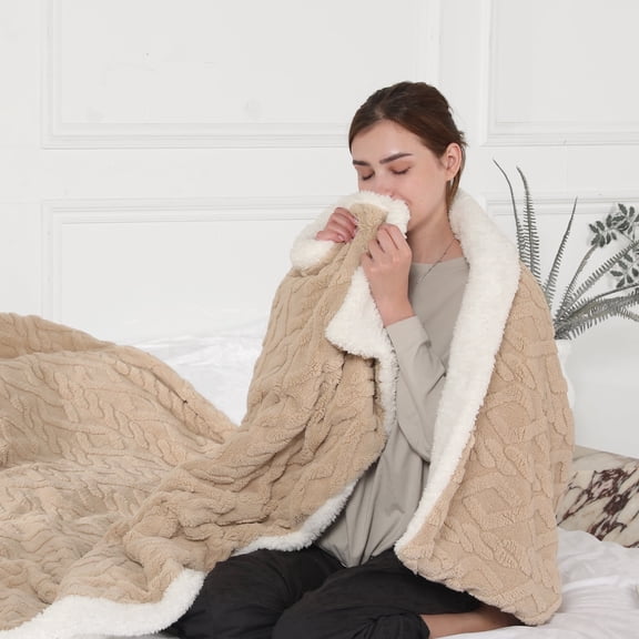 TRUSTWARMTH Heated Electric Throw Blanket 50"×60", Jacquard Faux Fur & Sherpa Heated Throw Blanket with 5 Heat Levels & 4 Hour Auto Off, Machine Washable, Beige