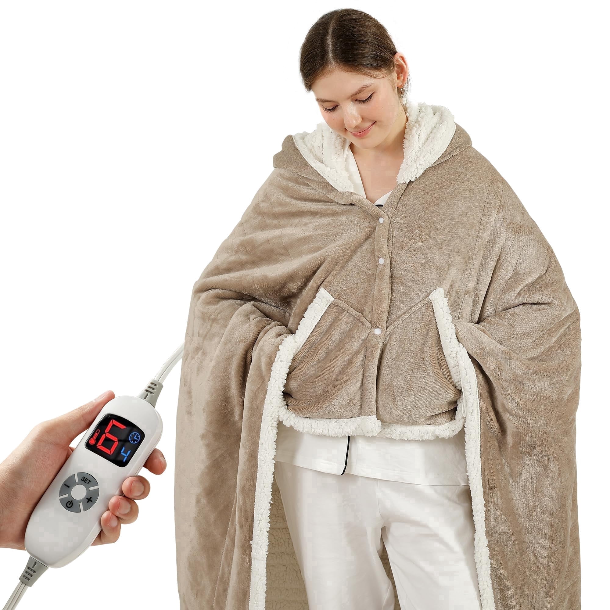 TRUSTWARMTH Wearable Heated Throw Blanket 50"*64", Electric Heated Throw Blanket Wrap Poncho with Hood Pockets, 6 Heating Levels & 4 Hours Time Settings, Machine Washable, Beige