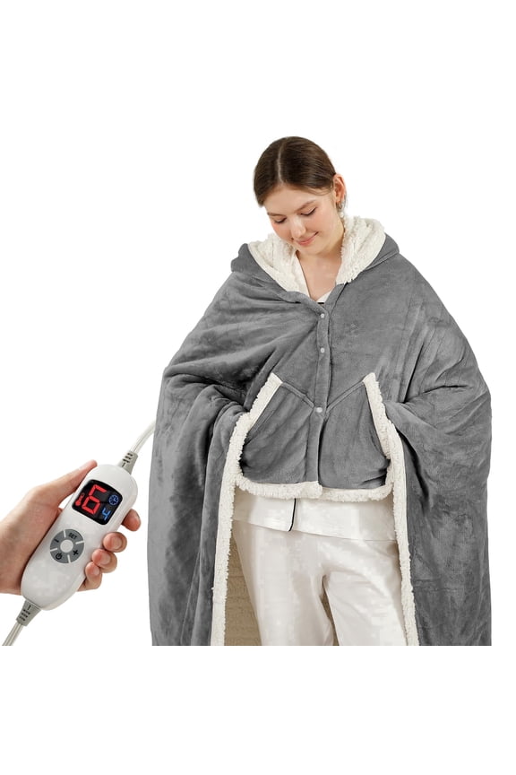 Wearable Heated Throw Blanket 50"x64", Electric Heated Throw Blanket Wrap Poncho with Hood Pockets, 6 Heating Levels & 4 Hours Time Settings, Machine Washable, Grey