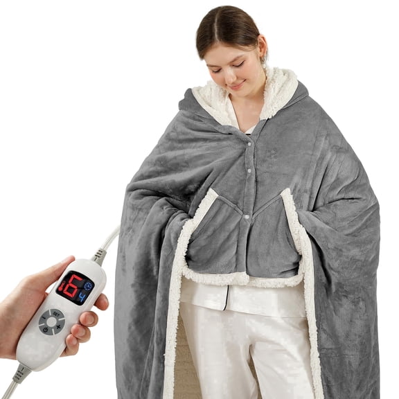 TRUSTWARMTH Wearable Heated Throw Blanket 50"x64", Electric Heated Throw Blanket Wrap Poncho with Hood Pockets, 6 Heating Levels & 4 Hours Time Settings, Machine Washable, Grey