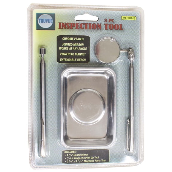 TRUVUE 3 Piece Mechanic's Inspection Tool Set | Extendable Mirror 1-1/4" (3.2 cm) & Magnetic Tip 1/4" (0.6 cm) | Magnetic Hardware Tray 3.5" x 2.5" (8.9 cm x 6.4 cm) | Chrome Plated Stainless Steel