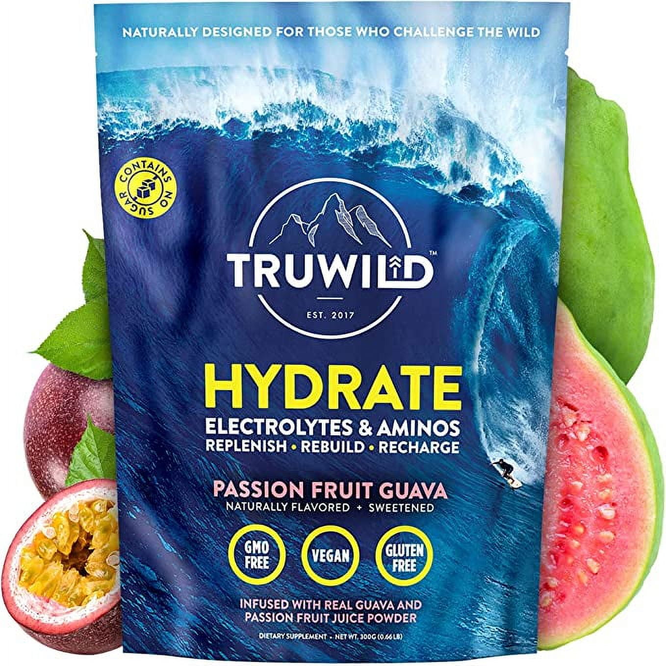 TRUWILD Hydrate Electrolyte Amino Acids Powder - Post Workout Recovery, Drink Mix with Vitamin C, Zinc & Magnesium - Non-GMO, Vegan, Passion Fruit Guava - 20 Servings