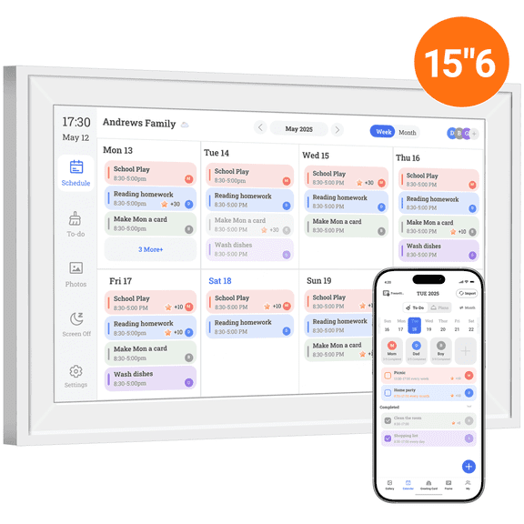 Reshow 15.6" Smart Digital Calendar & Chore Chart WiFi Touchscreen Family Organizer, Meal Planner, To Do List, Picture Frame (White)