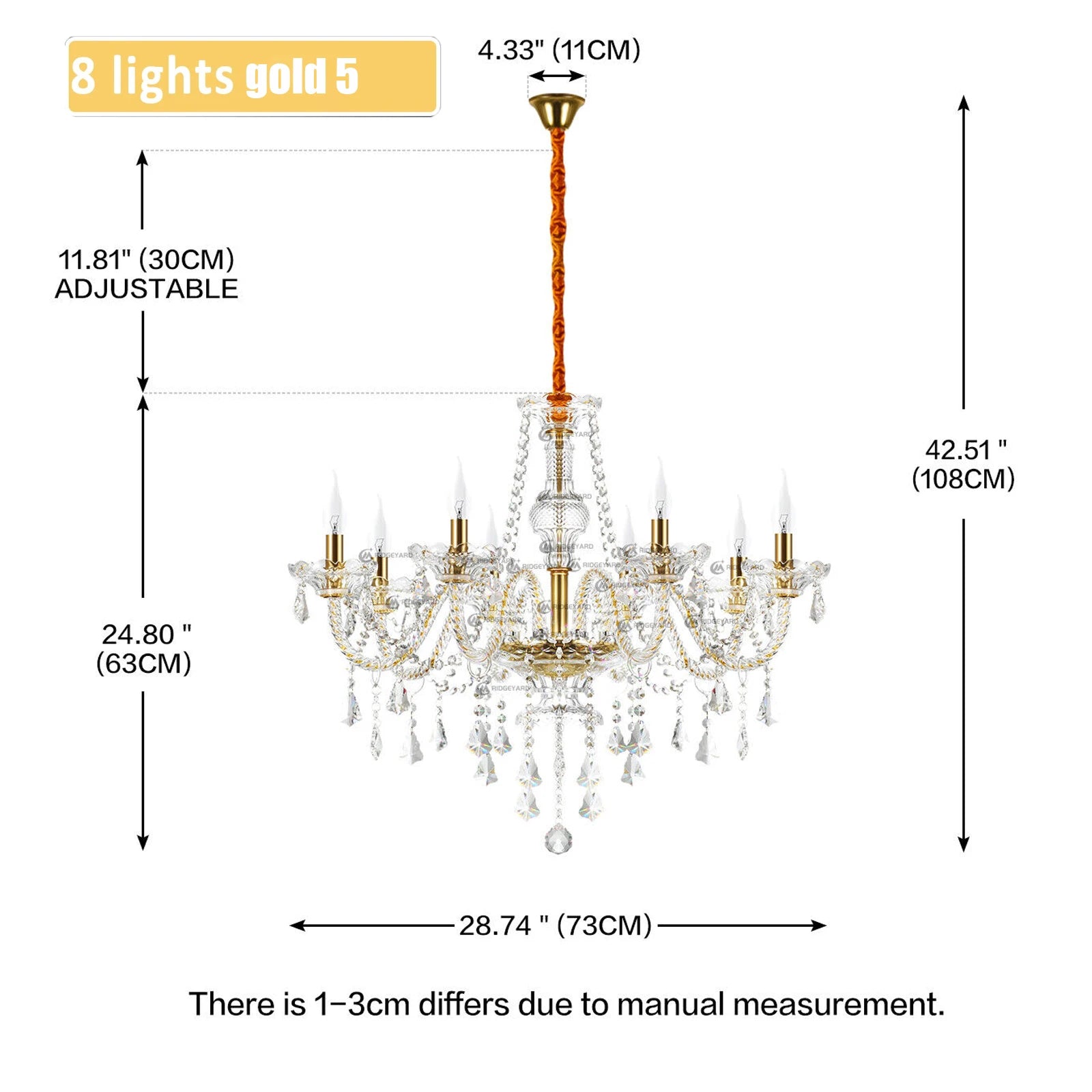 TRYYEAN Cognac Crystal Glass Chandelier 8 Arms Chandelie Glass Living