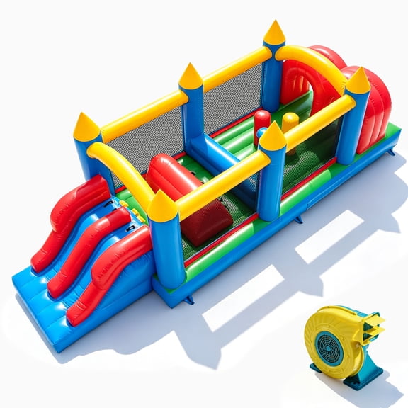 TRYSET 24FT Commercial PVC Inflatable Obstacle Course with Dual Slides, Kids Bounce House, Outdoor Party