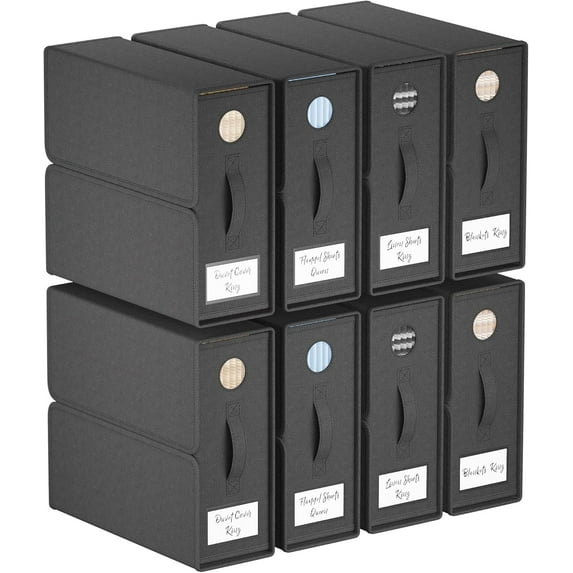 TRZZ 8-Pack Bed Sheet Organizers and Storage, Foldable Linen Bins with Window and Labels, Bedding Holder for Queen/King Duvet Covers, Keeps Bedding Neatly Organized and Accessible (Black)