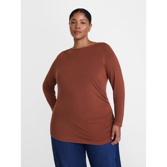 Terra & Sky Women's Plus Asymmetrical Shirred Waist Top with Long Sleeves, Sizes 0X-5X