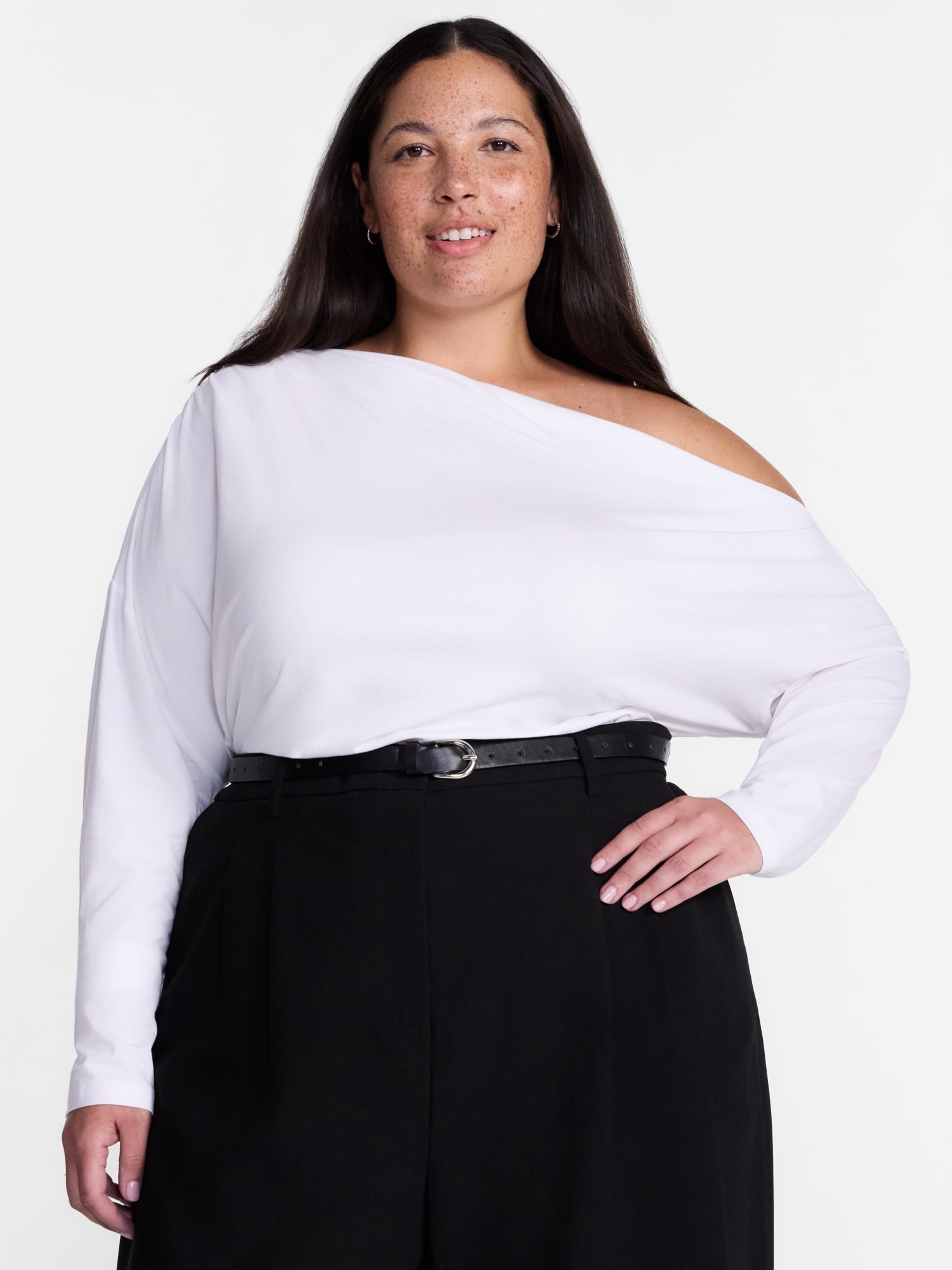 Terra & Sky Women’s Plus Asymmetrical Pleated One Shoulder Top with Long Sleeves, Sizes 0X-5X