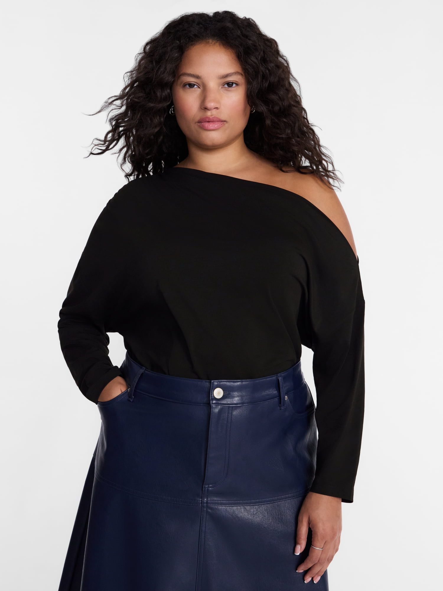 Terra & Sky Women’s Plus Asymmetrical Pleated One Shoulder Top with Long Sleeves, Sizes 0X-5X