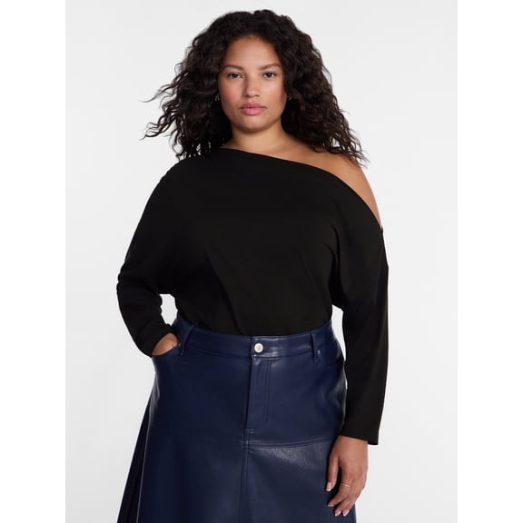 Terra & Sky Women’s Plus Asymmetrical Pleated One Shoulder Top with Long Sleeves, Sizes 0X-5X