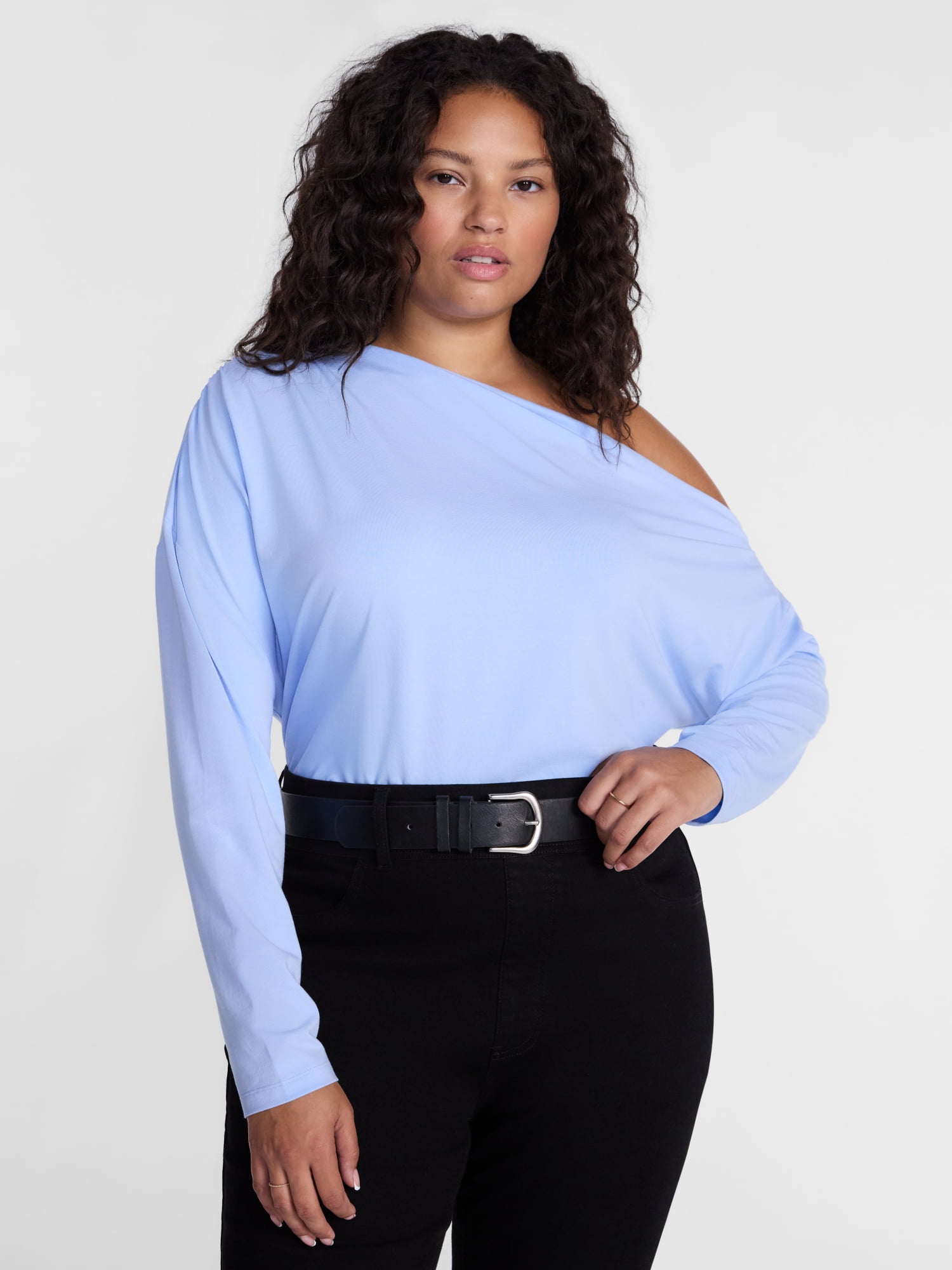 Terra & Sky Women’s Plus Asymmetrical Pleated One Shoulder Top with Long Sleeves, Sizes 0X-5X