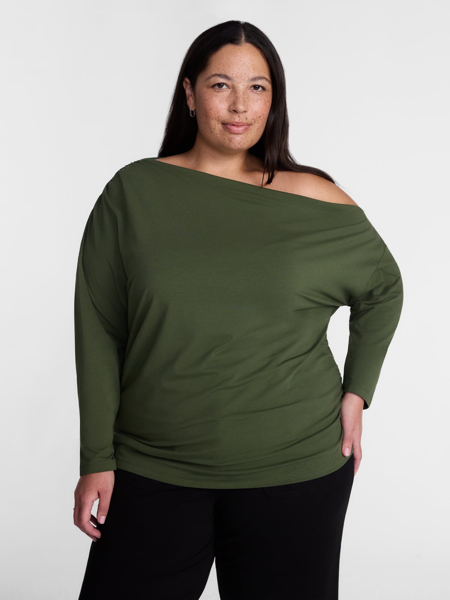 Terra & Sky Women’s Plus Asymmetrical Pleated One Shoulder Top with Long Sleeves, Sizes 0X-5X