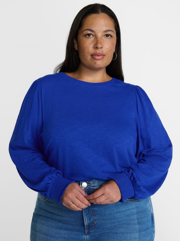 Women's Plus Slub Jersey Crewneck Tee with Long Puff Sleeves, Sizes 0X-5X