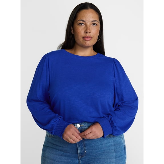 Terra & Sky Women's Plus Slub Jersey Crewneck Tee with Long Puff Sleeves, Sizes 0X-5X
