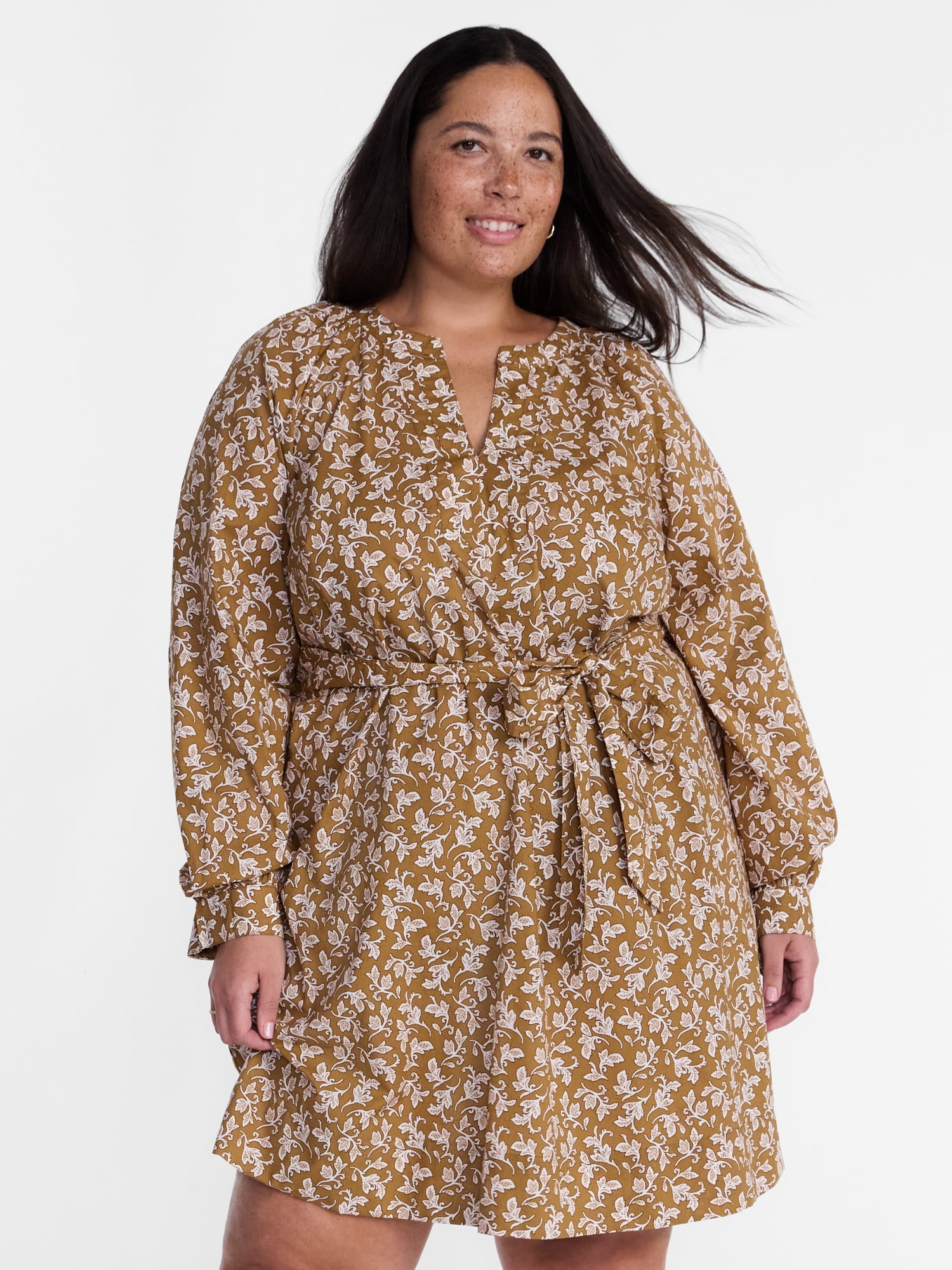 Terra & Sky Women's Plus Cotton Balloon Sleeve Tie Waist Tunic Dress, Sizes 0X-5X