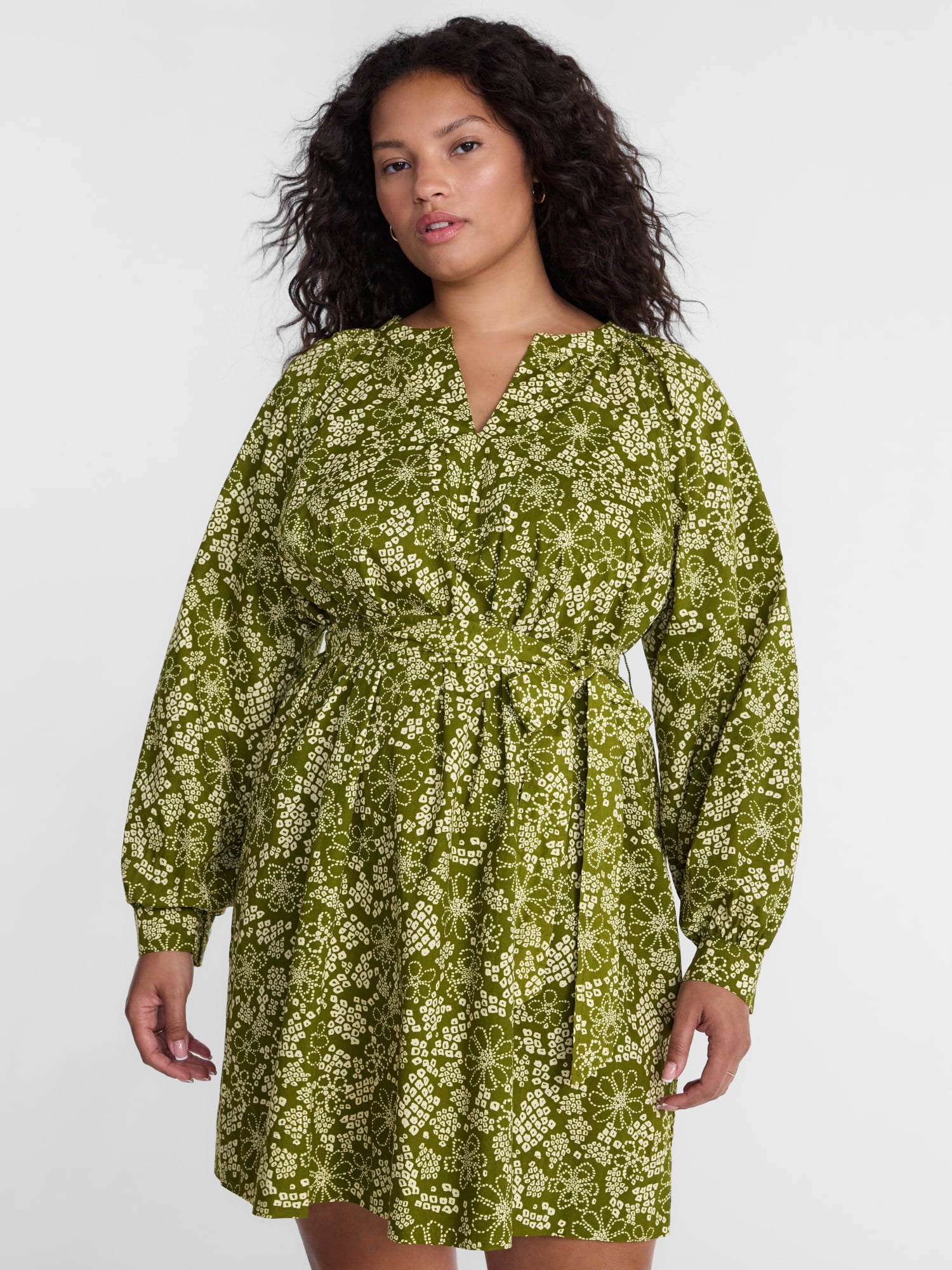 Terra & Sky Women's Plus Cotton Balloon Sleeve Tie Waist Tunic Dress, Sizes 0X-5X