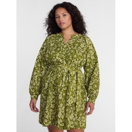 Terra & Sky Women's Plus Cotton Balloon Sleeve Tie Waist Tunic Dress, Sizes 0X-5X